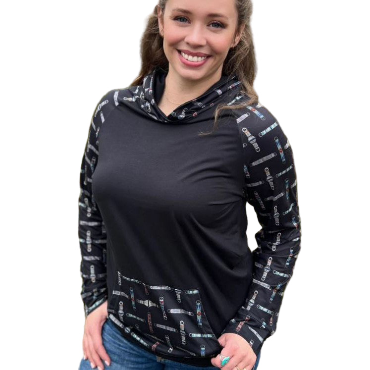Cinched Up Women's Long Sleeve Tee Shirt Hoodie- Black