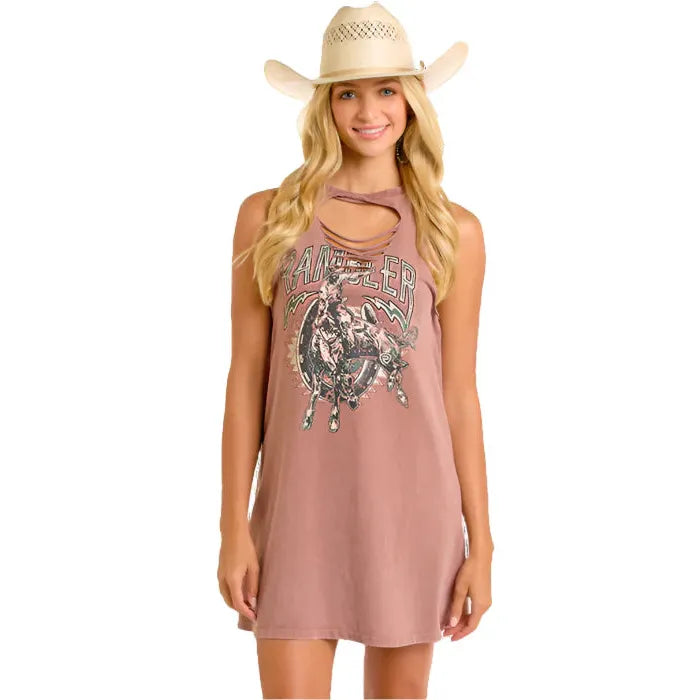 Rock & Roll Women's Sleeveless Graphic Muscle Tee Shirt Dress- Brown