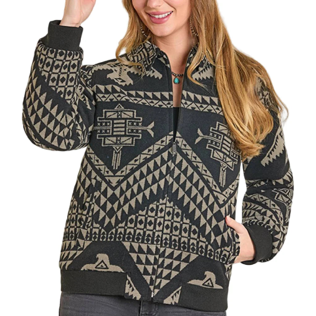 Panhandle Women's Long Sleeve Aztec Bomber Jacket-Black/Grey