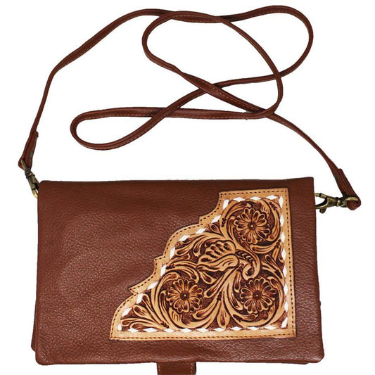 Western Women's Floral Tooled Pebbled Leather Sling Crossbody- Brown