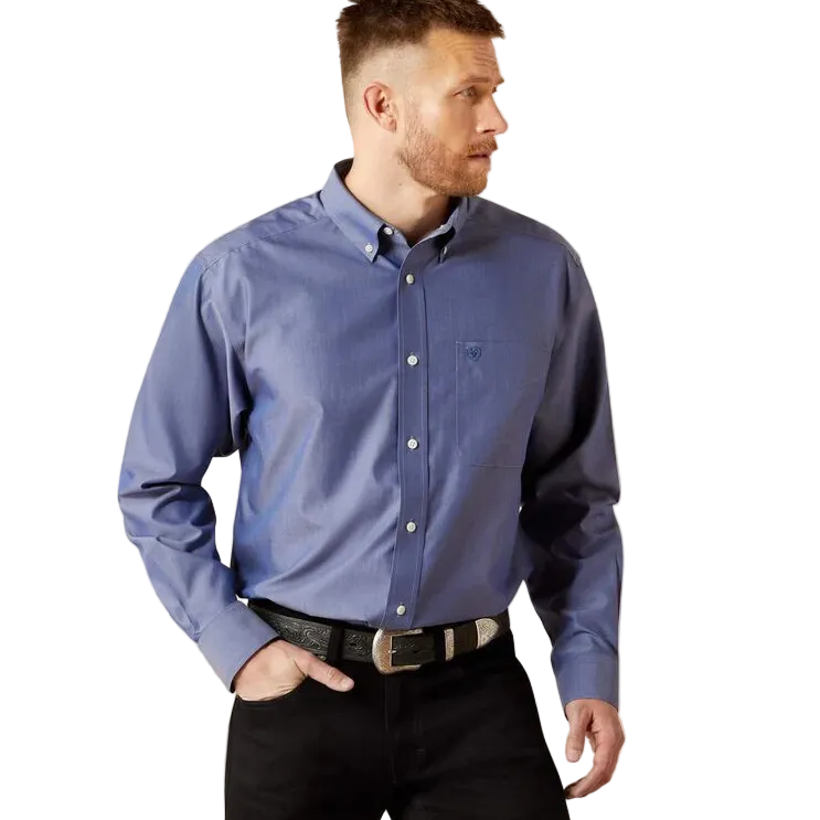 Ariat Men's Wrinkle Free Solid Pinpoint Oxford Long Sleeve Shirt - Blue - Irvine Tack & Western Wear