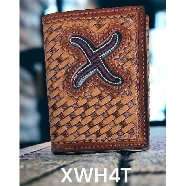 Twisted X Trifold Basket Weave Brown Embroidered X Wallet