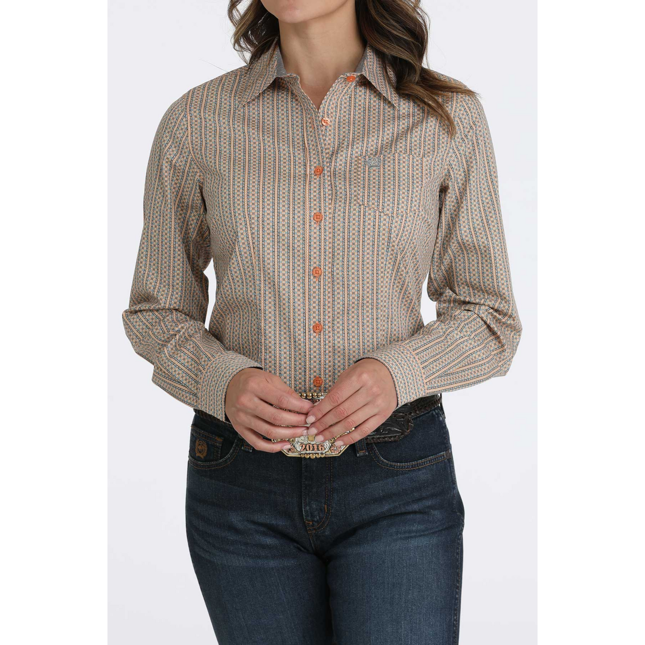 Cinch Women's Button Up Western Print Long Sleeve Shirt - Orange