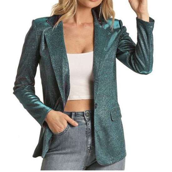 Rock & Roll Women's Iridescent Long Sleeve Blazer- Turquoise