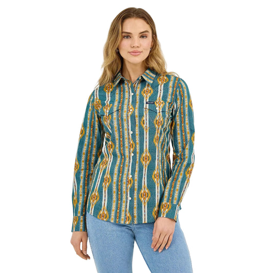 Wrangler Women's Long Sleeve Checotah Classic Western Snap Shirt- Bold Blue