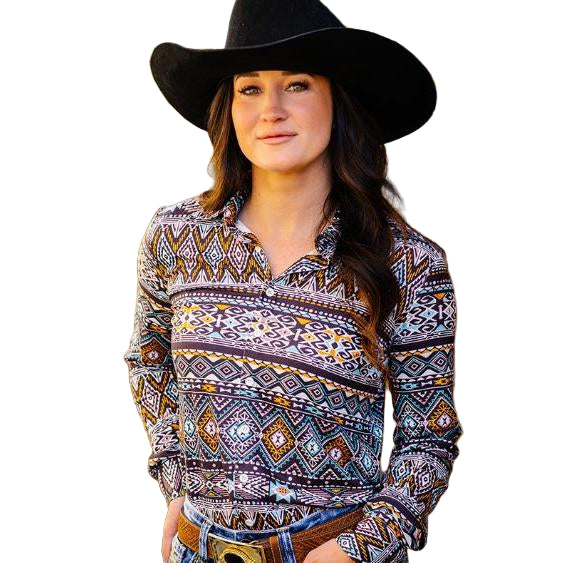 Cowgirl Tuff  Women's Long Sleeve Button Up Stretch Jersey - Geometric Print