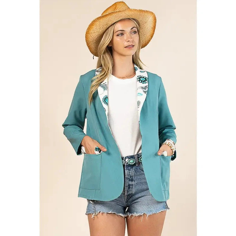 Avery Women's Jewel Print Blazer - Turquoise