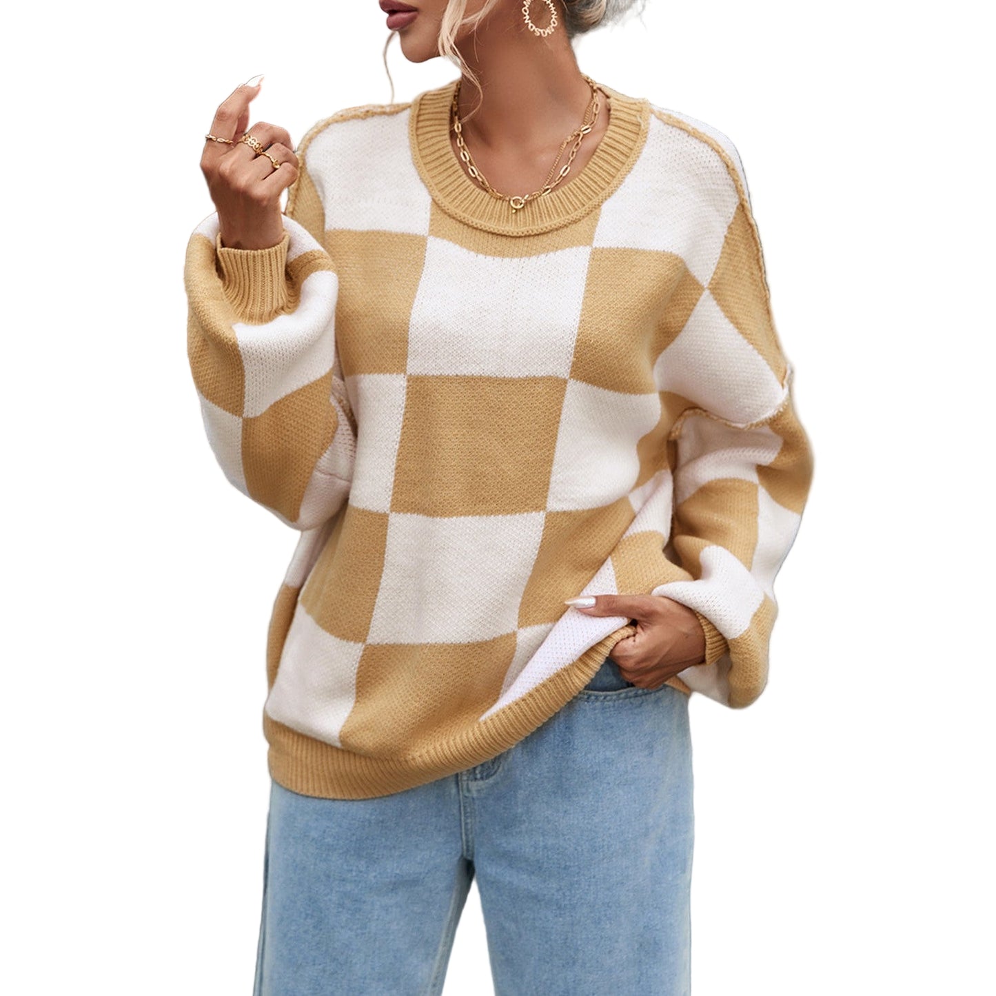 Dear Lover Women's Checkered Bishop Sleeve Sweater - Khaki