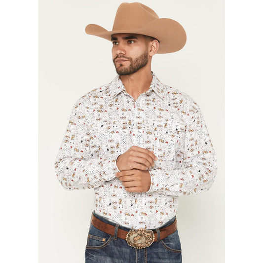 Panhandle Men's Rough Stock Vegas Print Western Long Sleeve Snap Shirt- White