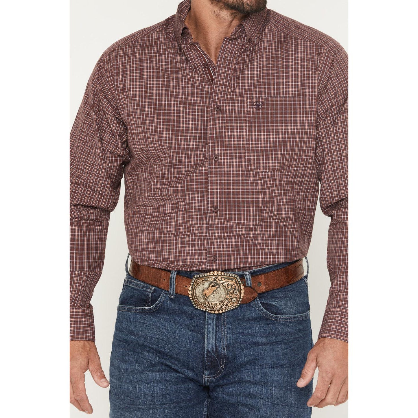 Ariat Men's Pro Series Travis Plaid Print Long Sleeve Button Down Stretch Western Shirt - Burgundy