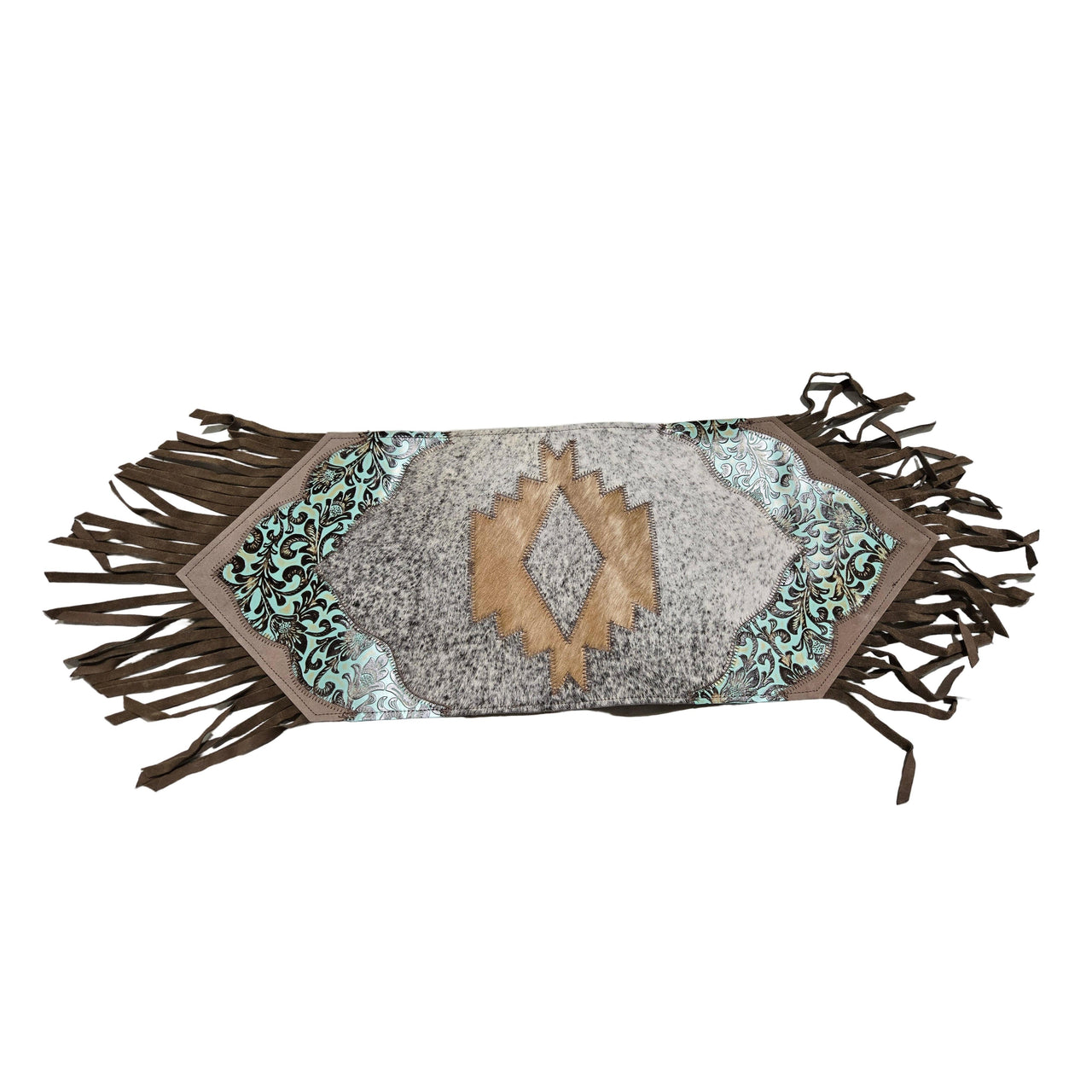 D2W Trading Mini Table Runner Model 2 Navajo w Details Floral Turquoise w Fringes