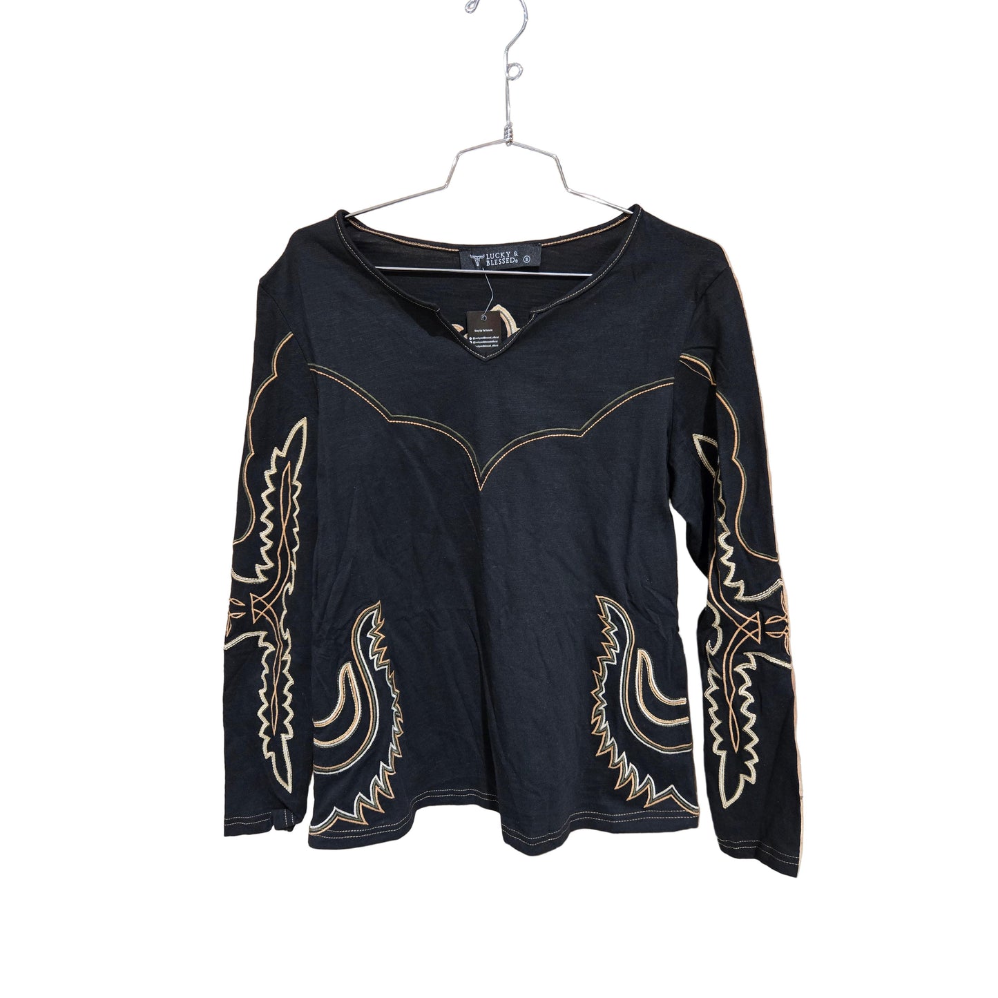 Lucky & Blessed Women's Long Sleeve Boot Stitch Embroidered Shirt- Black