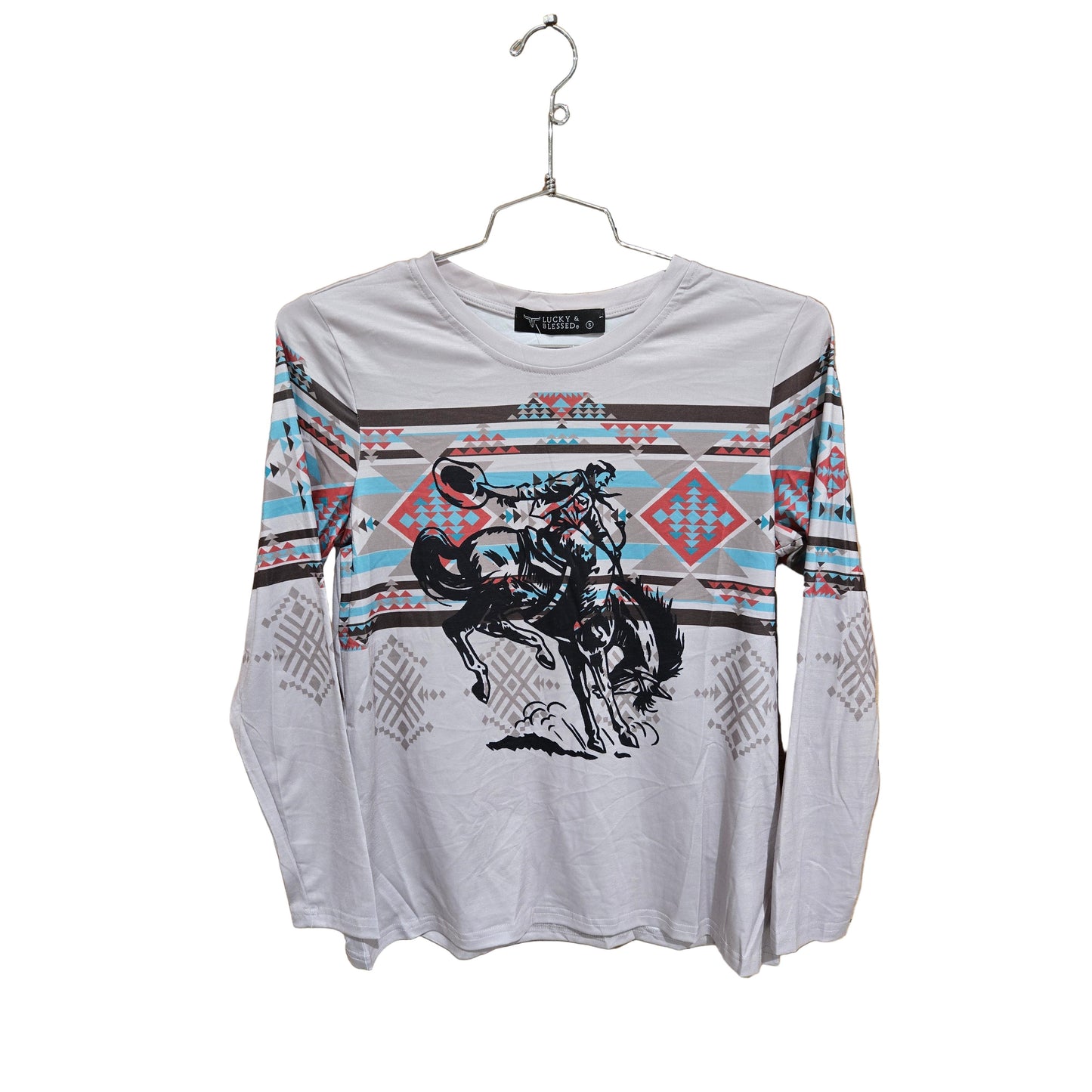 Lucky & Blessed Women's Aztec Kicking Horse Printed Top-Light Grey