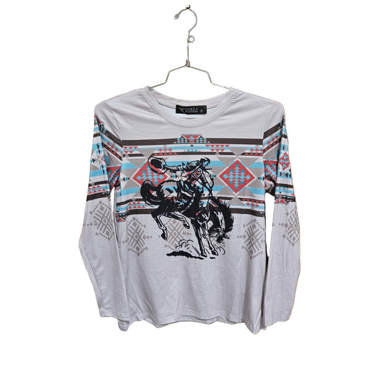 Lucky & Blessed Women's Aztec Kicking Horse Printed Top-Light Grey