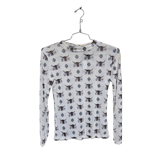 Lucky & Blessed Women's Cow Printed Long Sleeve Stretch Mesh Shirt- Ivory