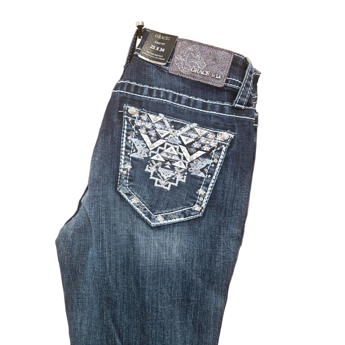 Grace in LA Women's Aztec Midrise Bootcut Jeans- Blue