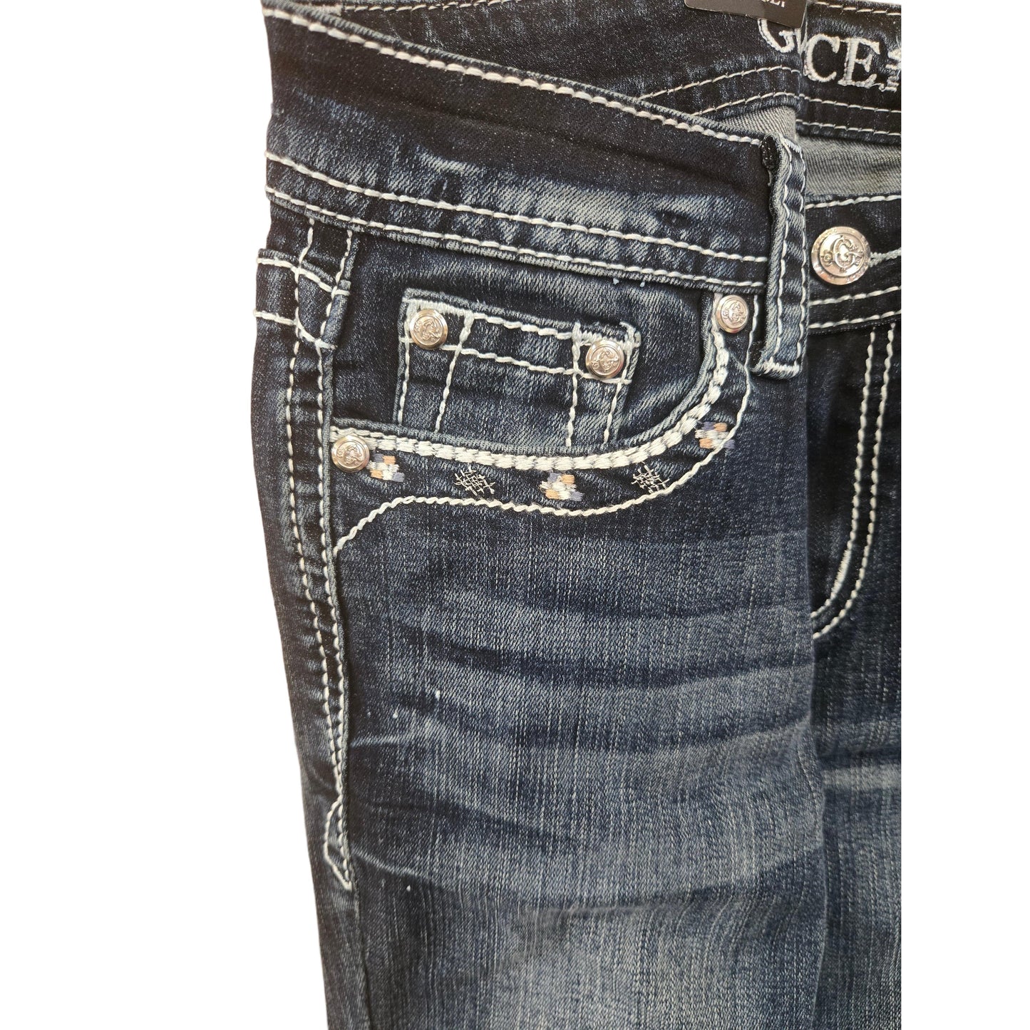 Grace in LA Women's Aztec Midrise Bootcut Jeans- Blue