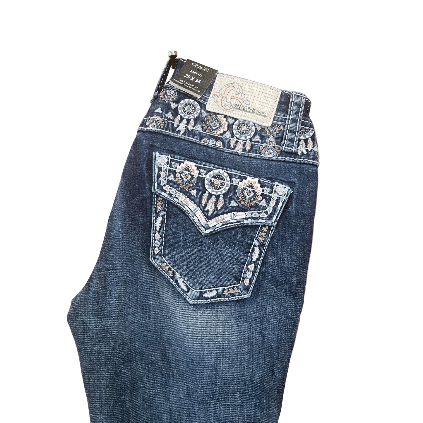 Grace in LA Women's Aztec Faux  Bootcut Jeans - Blue