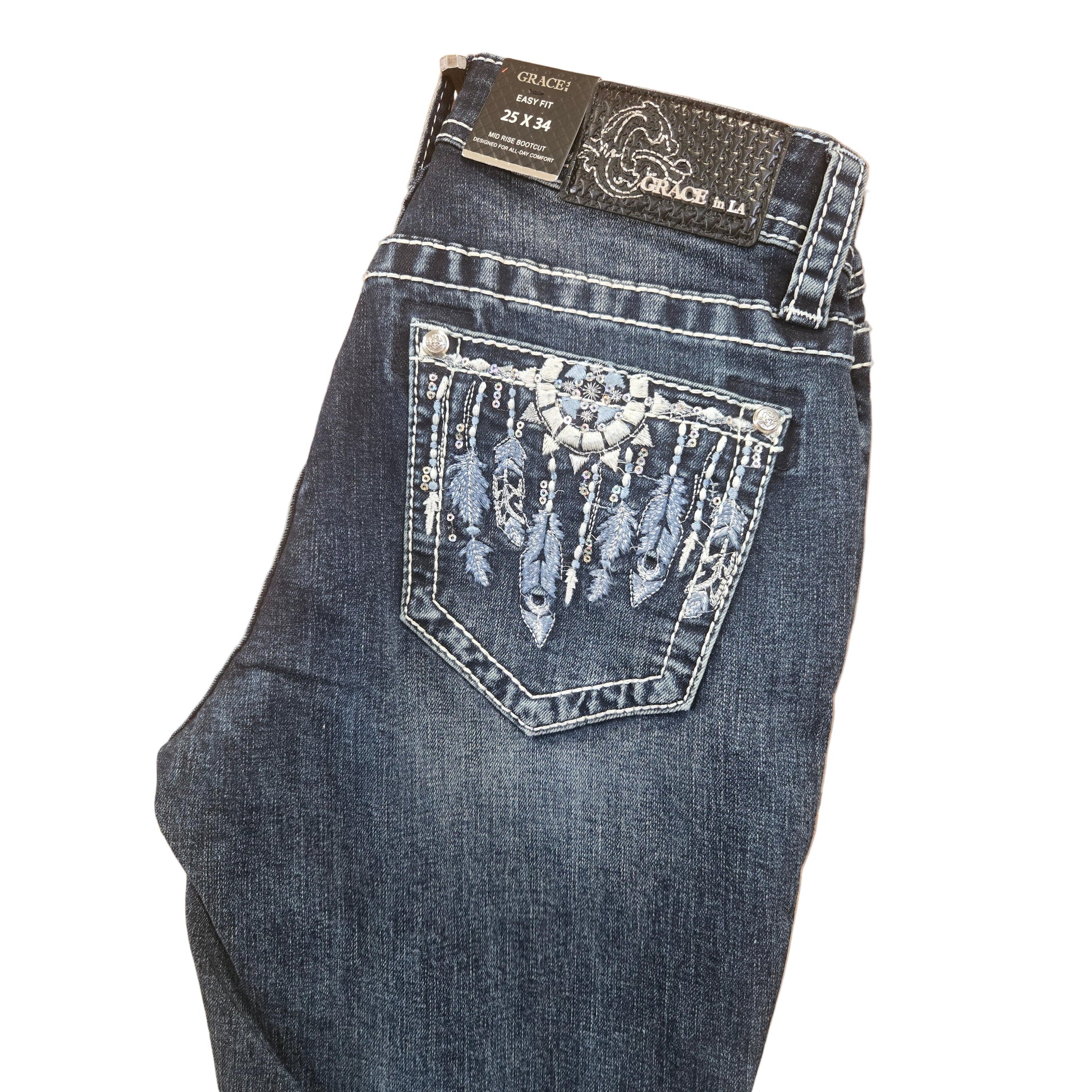 Grace in LA Women's Feather Bootcut Jeans- Blue - Irvine Tack & Western Wear