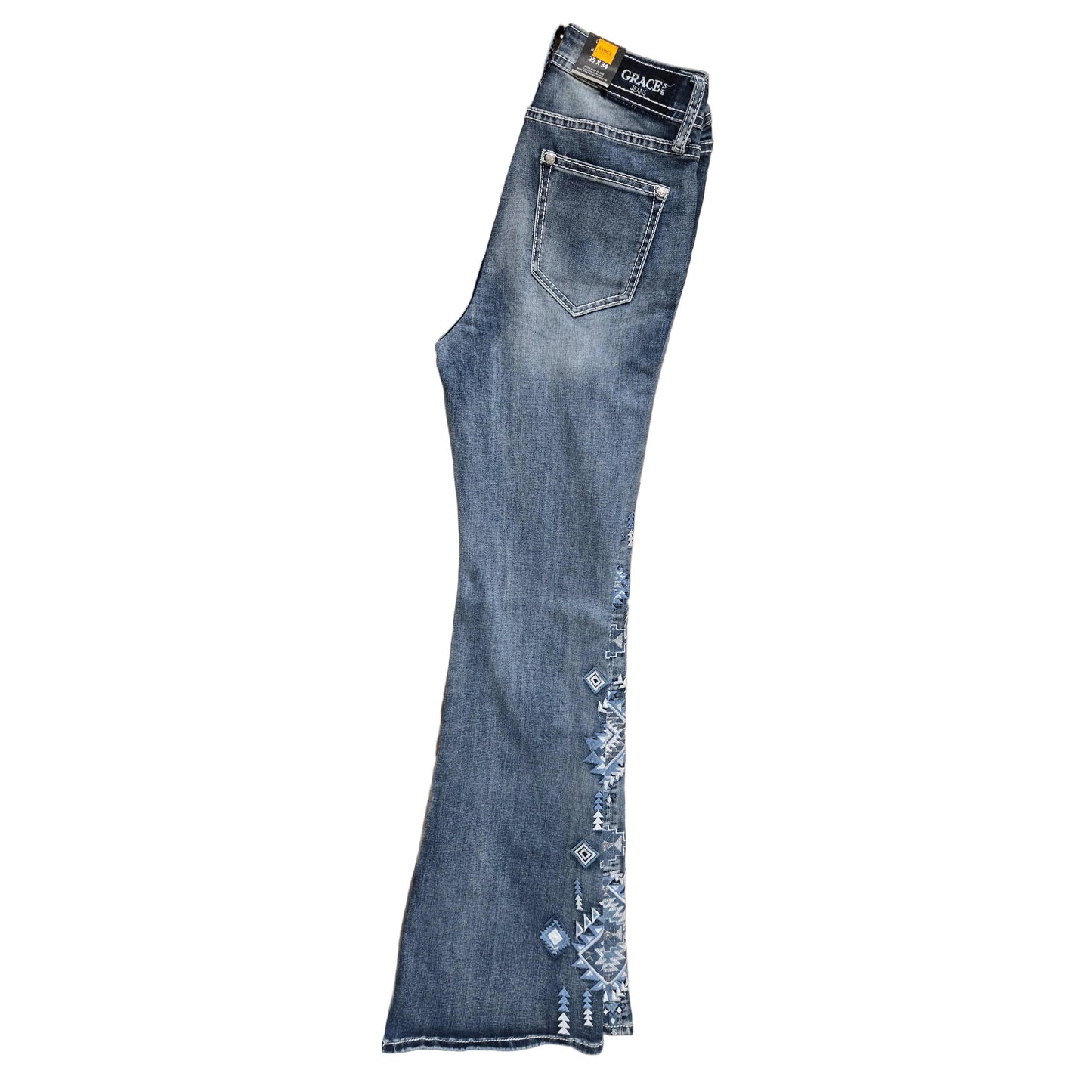 Grace in LA Women's Floral Flare Jeans - Light Blue