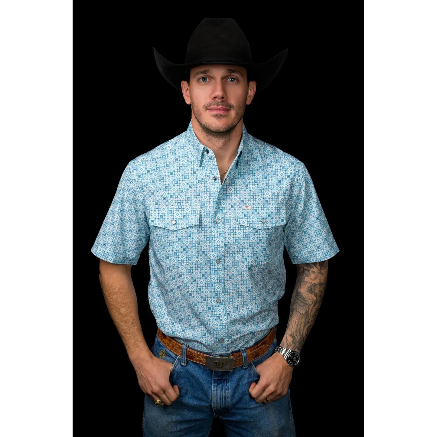 Ferrell Brand Men's The Cal Short Sleeve Snap Shirt- Blue