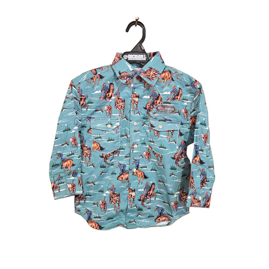 Rock & Roll Boy's Novelty Printed Long Sleeve Snap Shirt - Teal