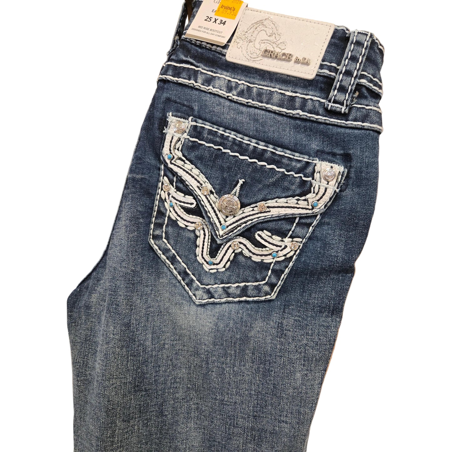 Grace in LA Women's Leather on Faux Flap Pocket Jeans
