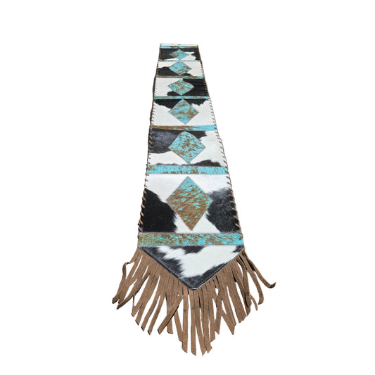 D2W Trading Table Runner Model 1 - Diamonds w Fringes - Distressed Croc Turquoise