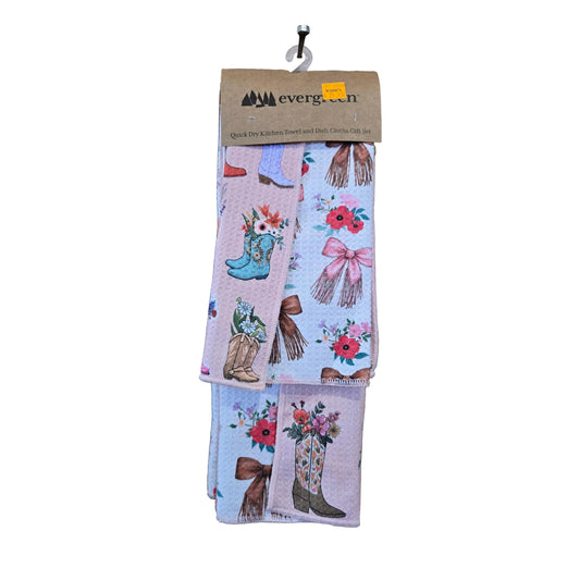 Evergreen Hillside Pasture Cowboy Boots Towel Set