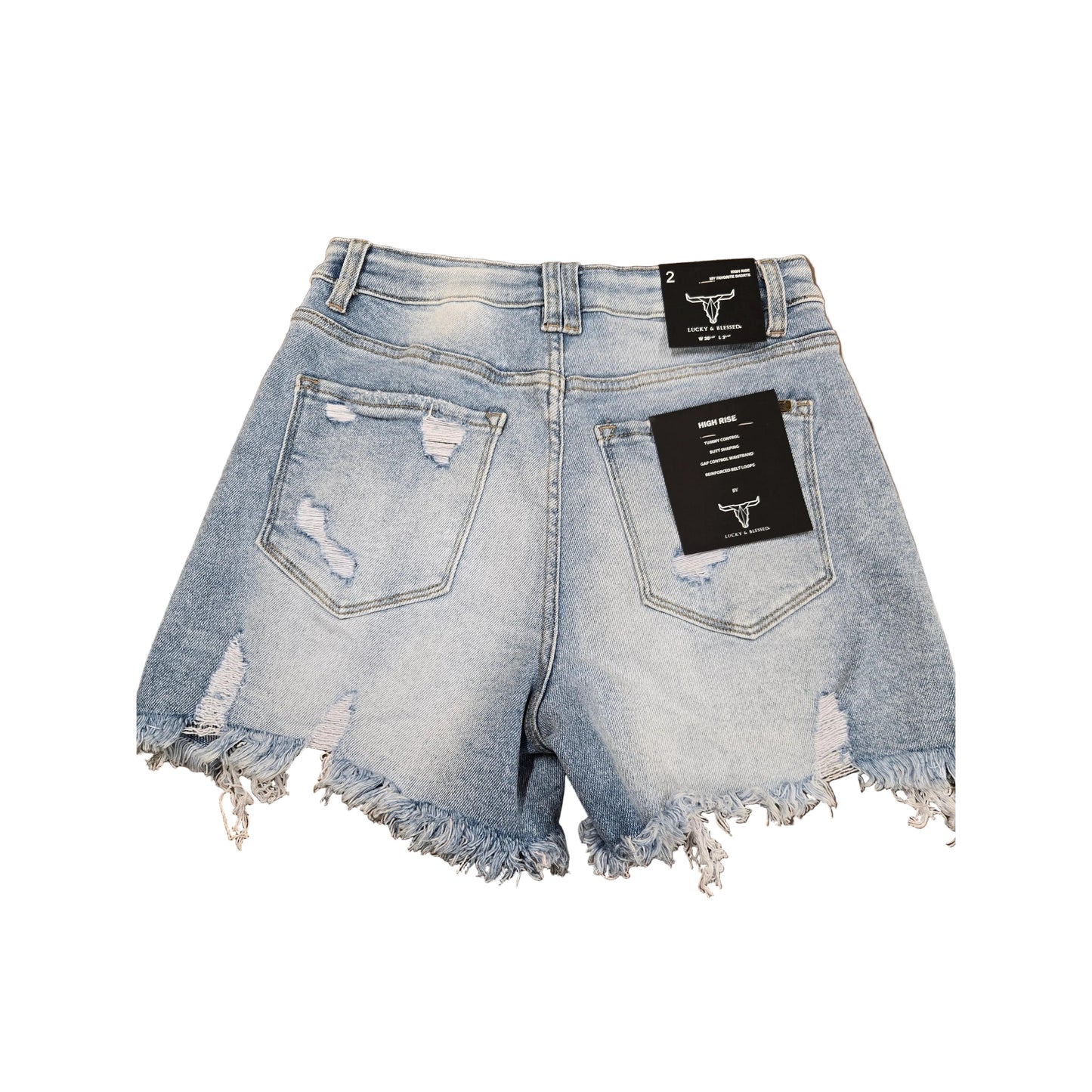 Lucky & Blessed Women's High Rise Distressed Shorts - Medium Wash