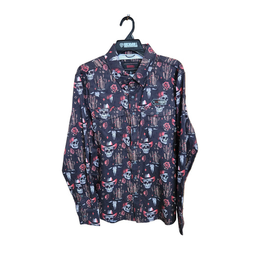 Rock & Roll Men's Novelty Bull Skulls Tek Western Long Sleeve Snap Shirt - Charcoal