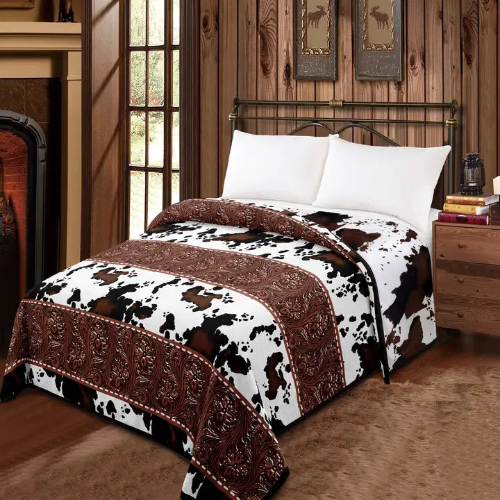 Western Linens Tooled Floral Cowprint Mia Reversible Blanket-