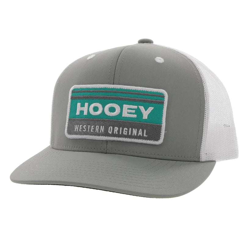 Horizon Hooey Grey/White 6 Panel Trucker w/Turquoise White Grey Rectangle Patch  Youth