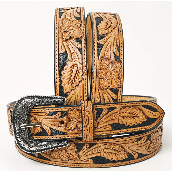 American Darling Tooled Leather Belt - Flower/Leaf Design - Black