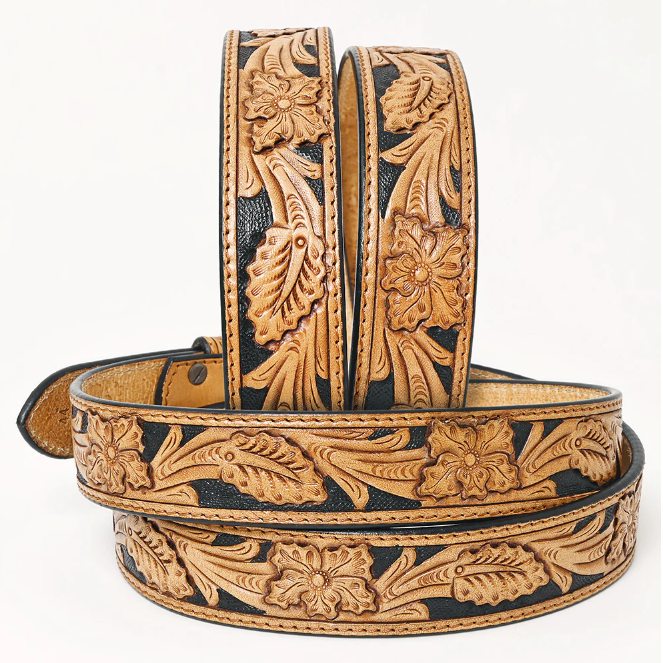 American Darling Tooled Leather Belt - Flower/Leaf Design - Black