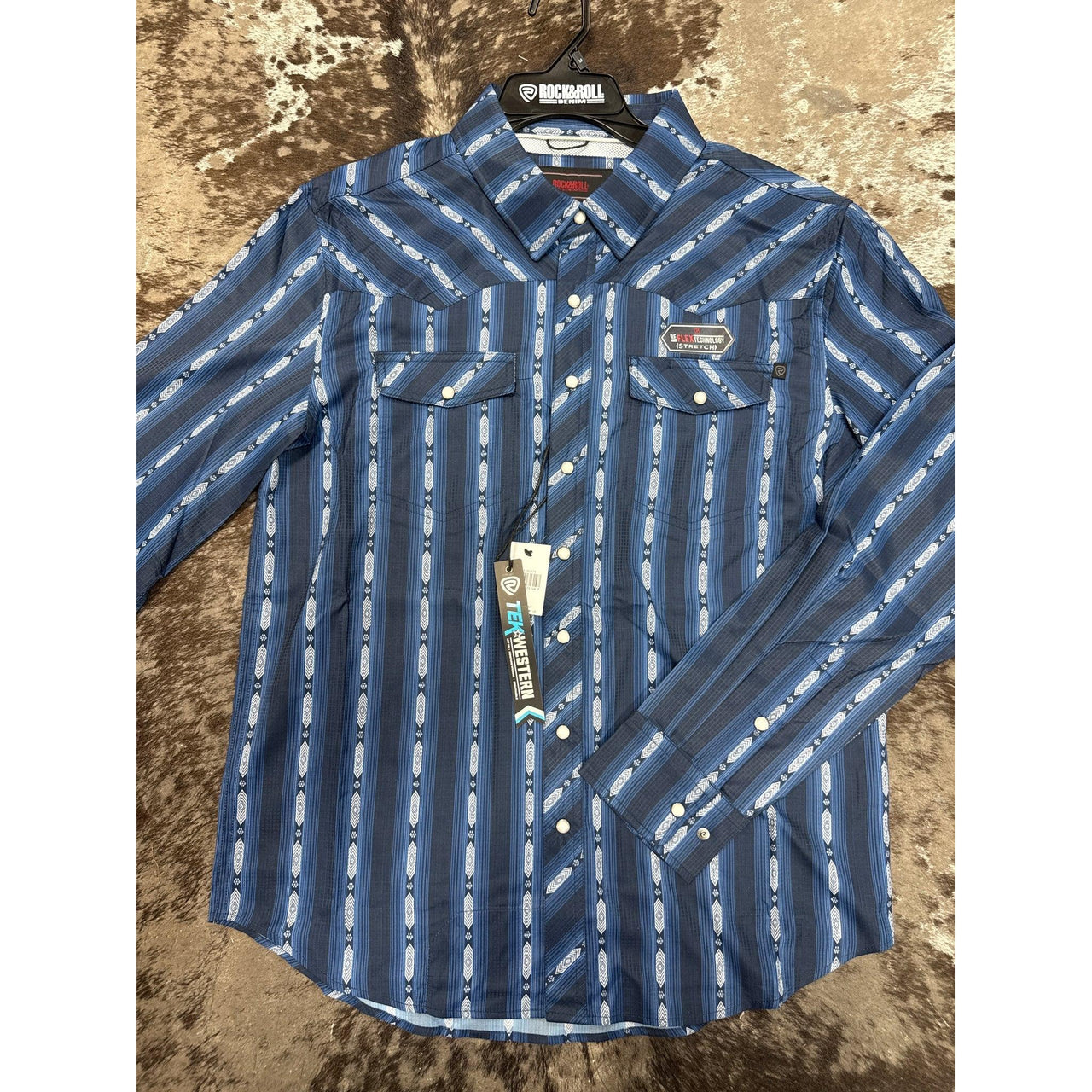 Rock & Roll Boy's Tek Stripe Print Long Sleeve Snap Shirt-Navy