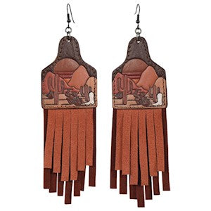 Justin Leather Cow Tag Earrings w/Suede Fringe