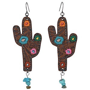 Justin Leather Saguaro Shaped Earrings - Brown w/Embroidery