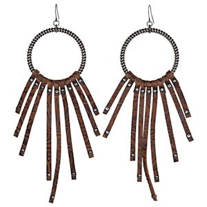 Justin Metal Rope Hoop Earrings - Brown Tooled Leather Fringe