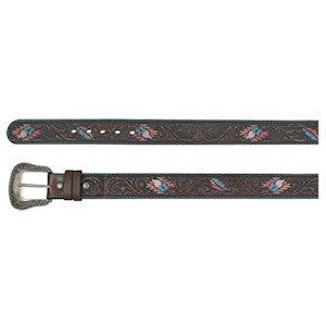 Catch Fly Ladies Leather Belt Tooled W/ Colored Feathers