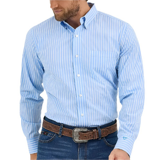 Wrangler Men's Striped Long Sleeve Cody Johnson Classic Fit Shirt - Blue
