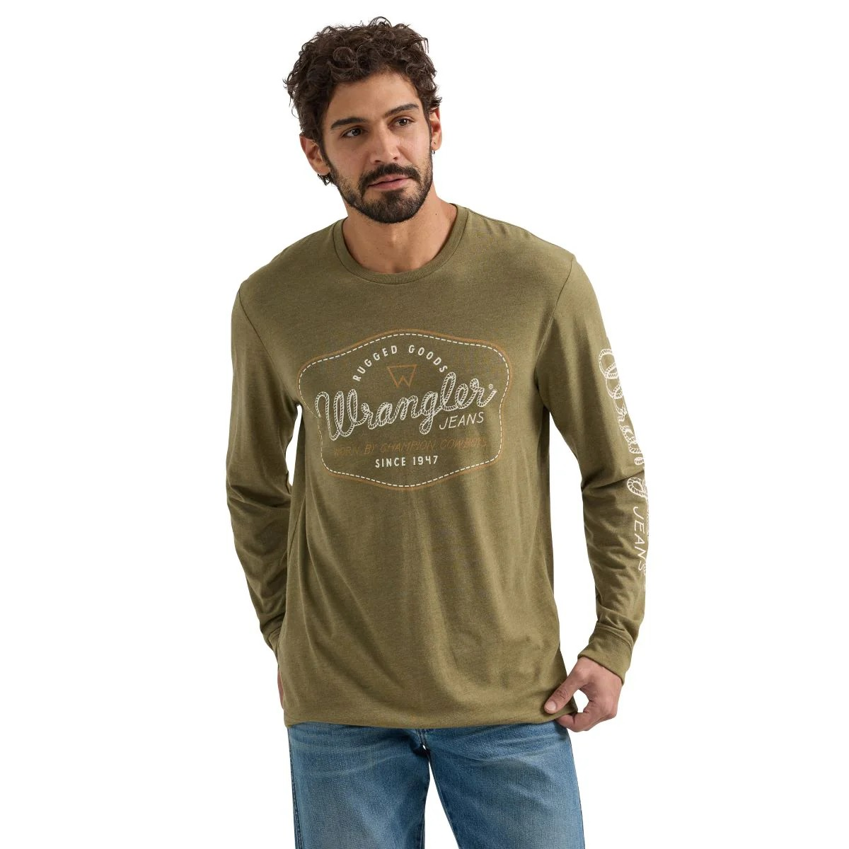 Wrangler Men's Graphic Long Sleeve T Shirt- Olive