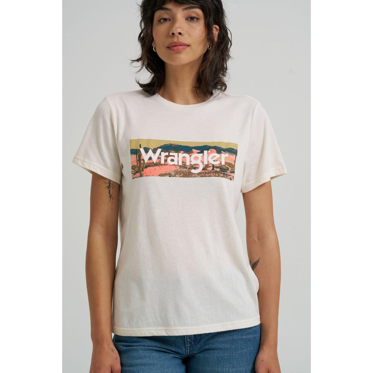 Wrangler Women's Landscape Logo Short Sleeve Tee Shirt- White
