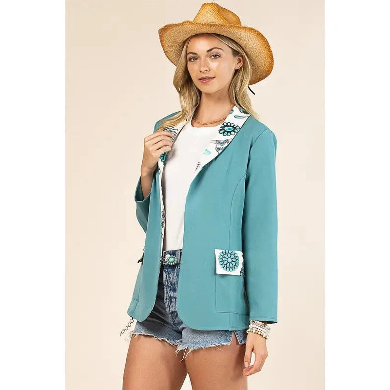 Avery Women's Jewel Print Blazer - Turquoise