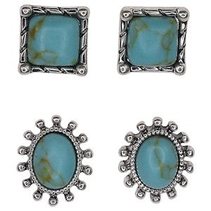 Justin Fixed Post Square & Oval Framed Turquoise Colored Stone Studs - 2 Pairs