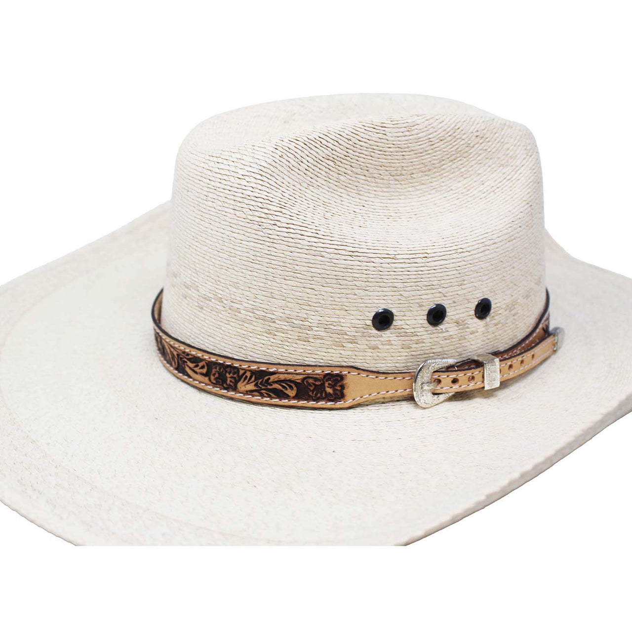 Unisex Handcrafted Western Floral Tooled Adjustable Buckle Leather Hat Band - Light Tan