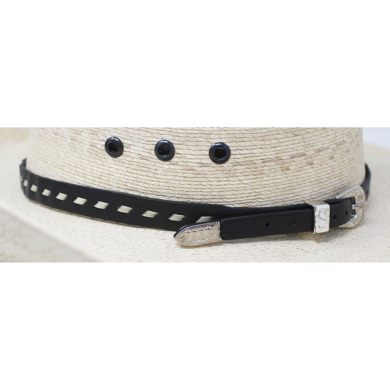 Unisex 1/2" Wide Handcrafted Western Rawhide Buckstitch Adjustable Buckle Leather Hat Band - Black