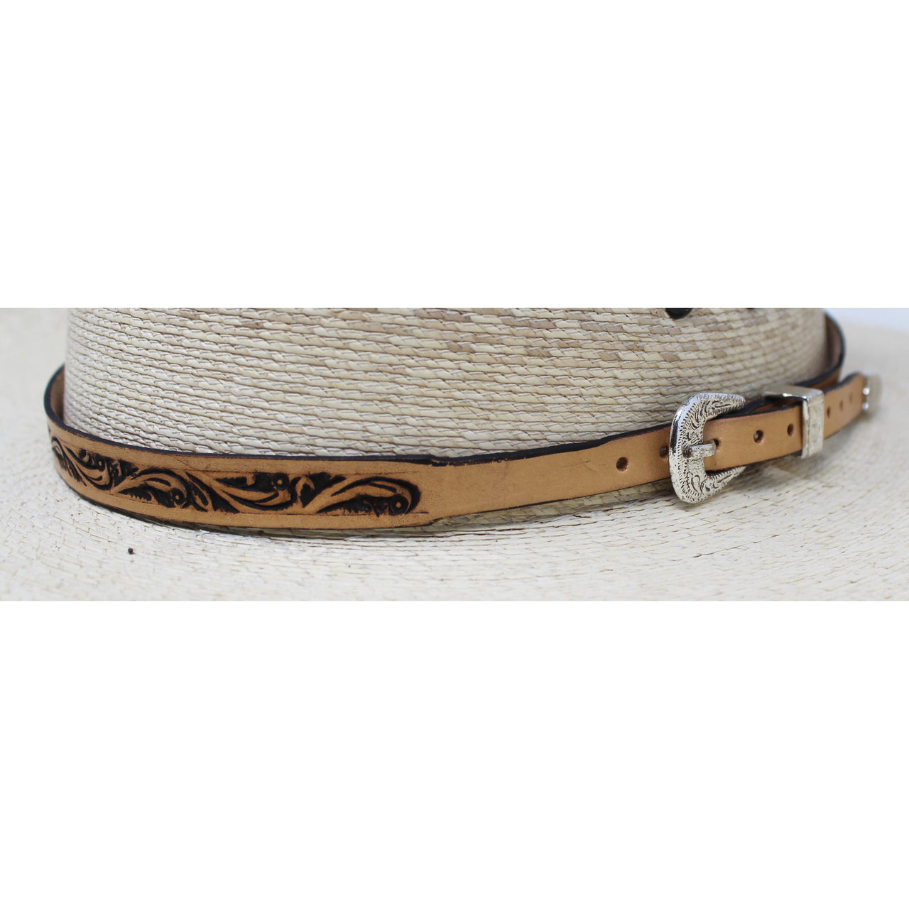 Unisex 1/2" Wide Western Handcrafted Antique Floral Leather Adjustable Buckle Hat Band - Tan