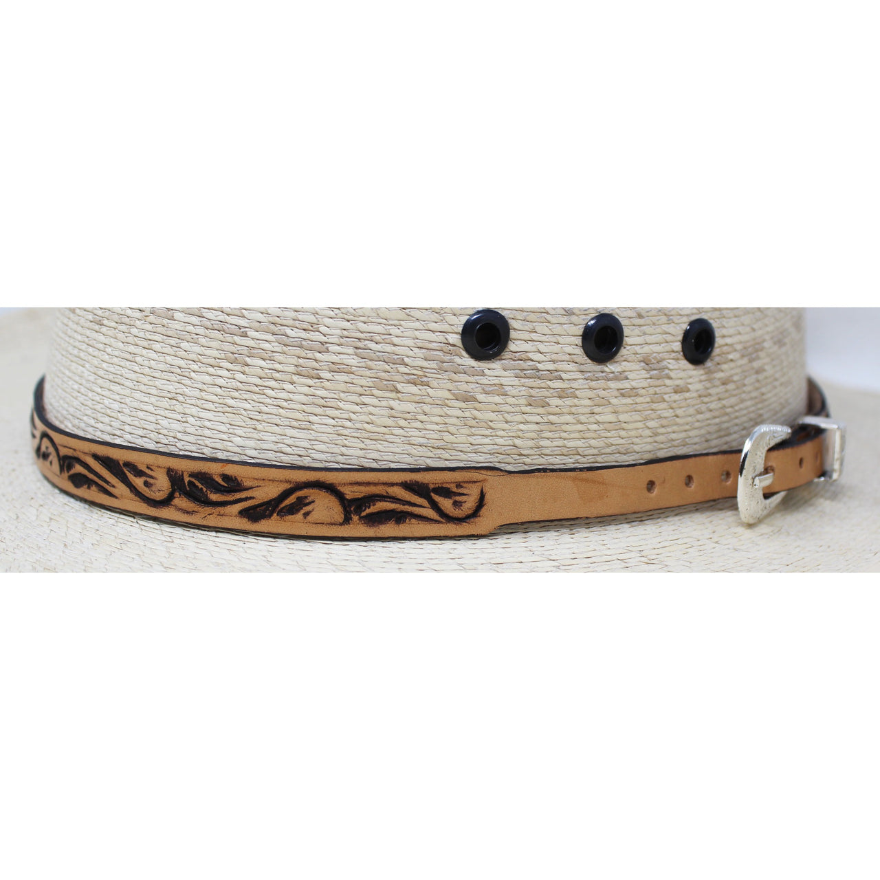 Unisex 1/2" Wide Western Handcrafted Antique Rose Floral Tooled Leather Adjustable Buckle Hat Band  - Light Tan