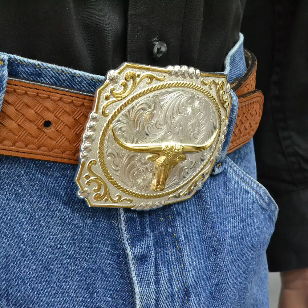 Montana Silversmiths Two-Tone Cowboy Cameo Buckle with Longhorn